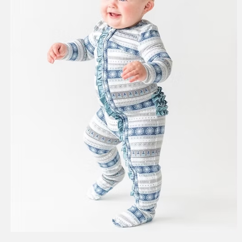 Ruffle Butts Blue and White Patterned Footie